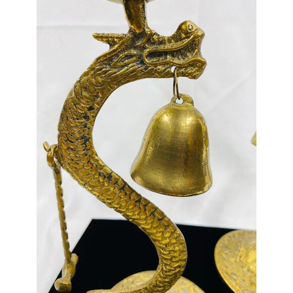 Pair of MCM Brass Dragon Candlesticks with Bell & Mallet: Asian Serpent Decor - Picture 4 of 9